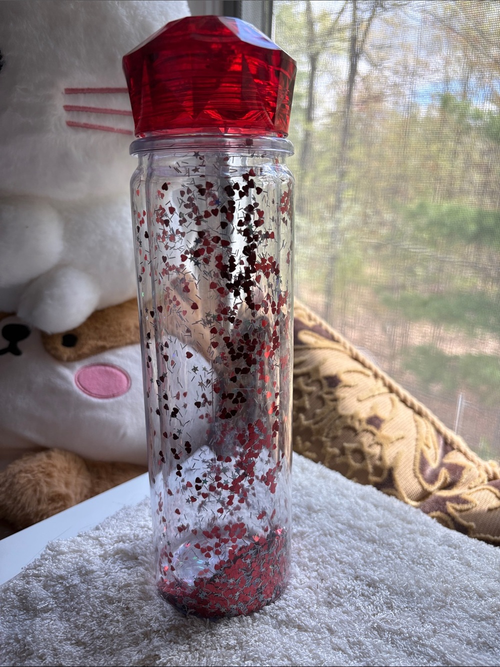 Red Glitter Heart Water Bottle with Gem-Like Lid